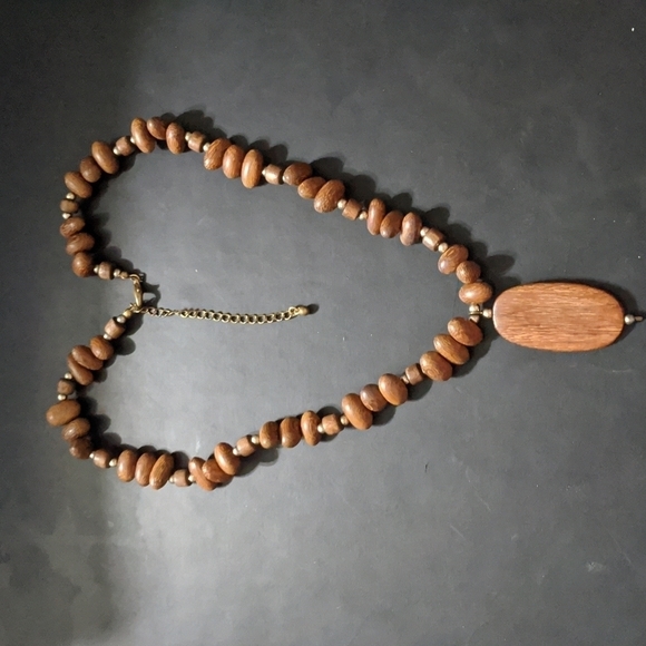 Gold Tone Brown Wooden Beaded Statement Pendant Necklace - Picture 1 of 4